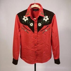 Vintage Daniali USA Western Embroidered Floral Shirt Red Brown Size M